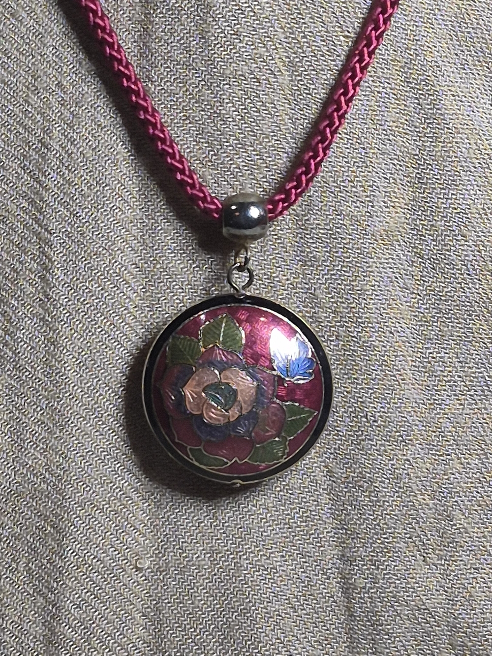 Cloisonne Enamel Floral Butterfly Pendant Cord Necklace Set